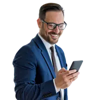man smiling at mobile phone